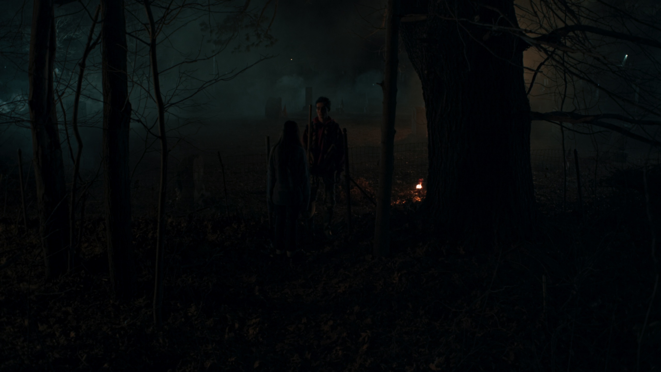 Wide shot of night woods encounter with ground fire